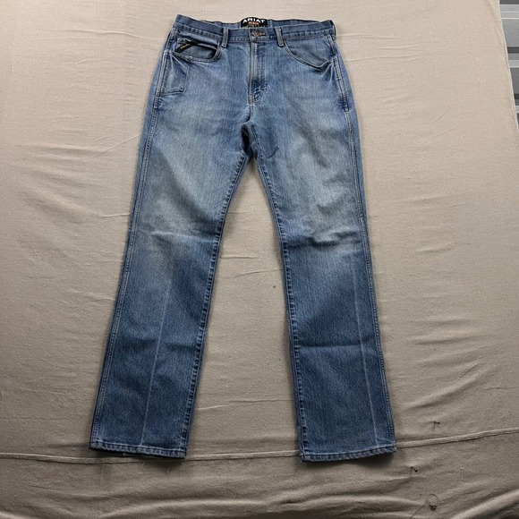Ariat Rebar M4 Jeans Mens 36x36 Blue Medium Wash Low Rise Bootcut Stretch - Picture 2 of 7